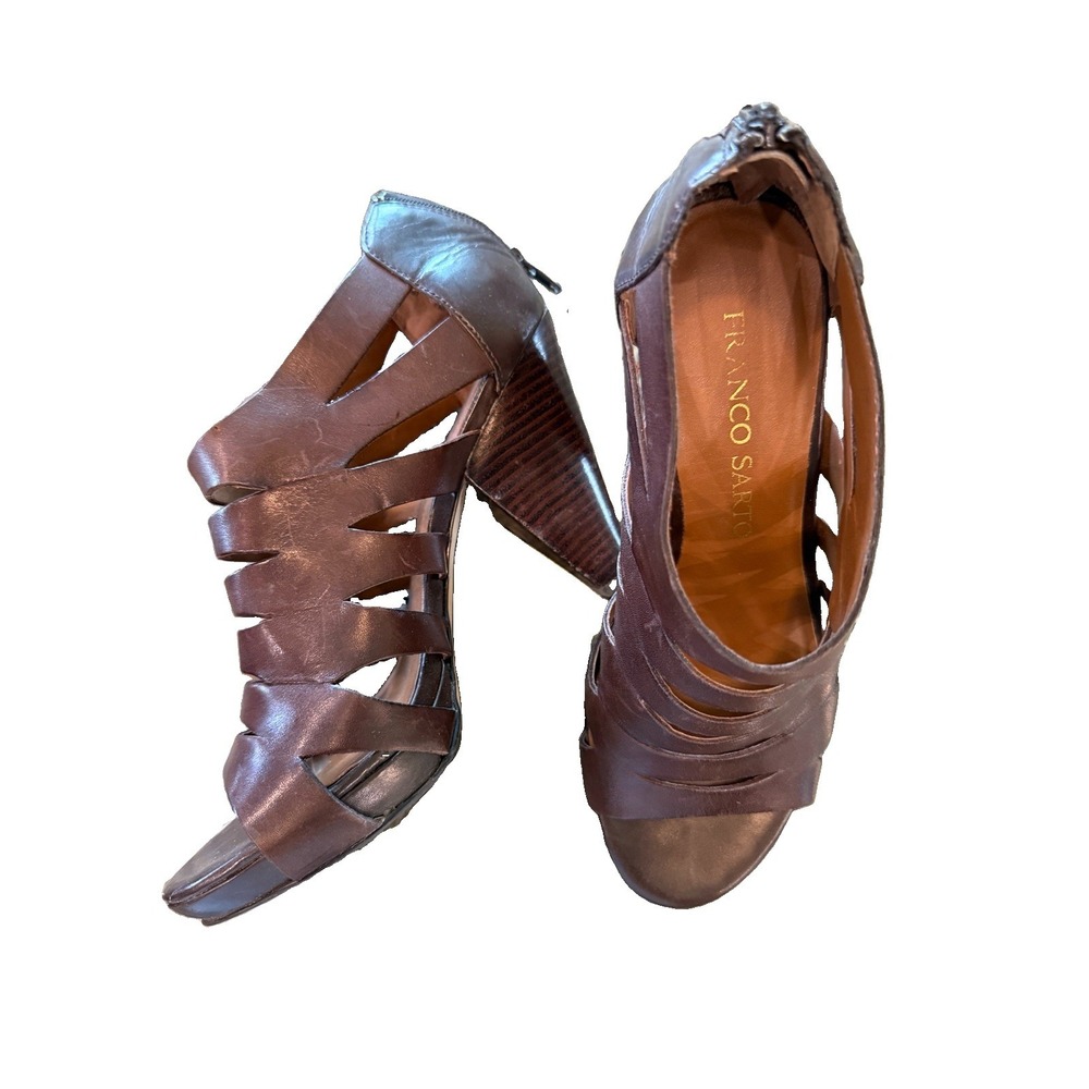 Franco Sarto Women Tan Leather Cage Heeled Slingback Sandals Size 7M